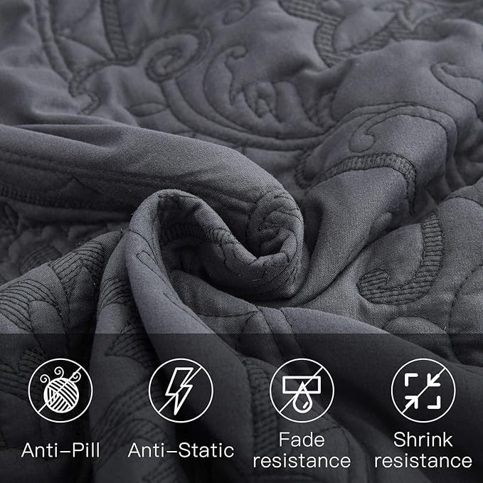 CHIXIN Oversized Bedspread Coverlet Set King Size - Lightweight Bedding Cover - Beautiful Stitching - 4 Piece Reversible Bedspread - Gorgeous Damask Paisley Pattern (King, Dark Grey)