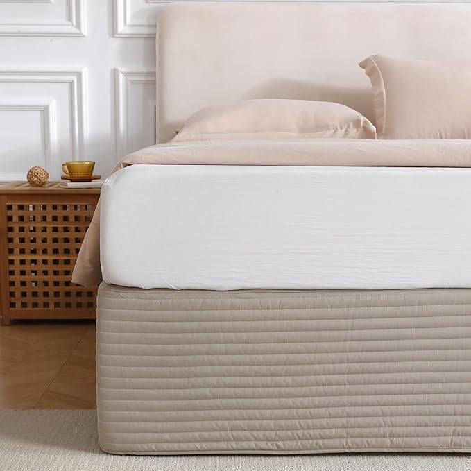 King Size Khaki Bed Skirt with 14-Inch Drop, Easy Fit Wrap-Around Cover for Bed, Wrinkle-Free and Fade-Resistant Box Spring Cover. (Linen Stripes, Queen)