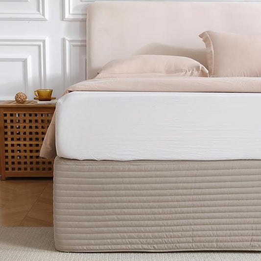 King Size Khaki Bed Skirt with 14-Inch Drop, Easy Fit Wrap-Around Cover for Bed, Wrinkle-Free and Fade-Resistant Box Spring Cover. (Linen Stripes, Queen)