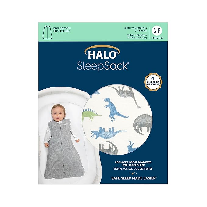 HALO SleepSack, 100% Cotton Wearable Blanket, Swaddle Transition Sleeping Bag, TOG 0.5, Watercolor Dinos, Large, 12-18 Months