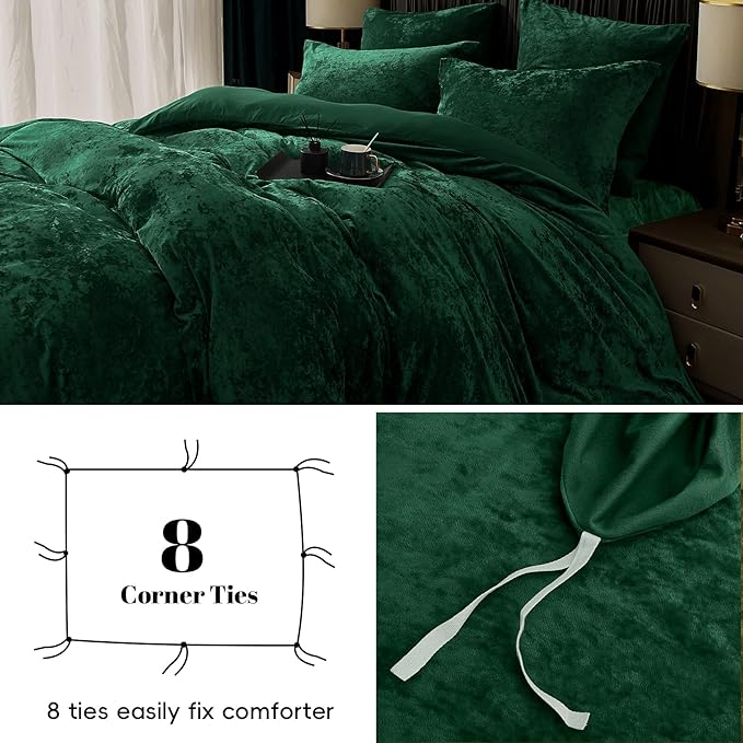 PHF Truly Velvet Duvet Cover Set Queen Size, 3pcs Ultra Soft Breathable Comforter Cover Set, Luxury Cozy Flannel Duvet Cover with Pillow Shams Bedding Collection, 90" x 90", Emerald Green