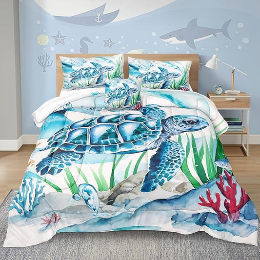 Bedbay Turtle Comforter Set Queen Size Ocean Theme Bedding for Boys Teen Girls Sea Turtle Coral Coastal Bedding Set Soft Cozy Lightweight Quilt 4-Piece 1 Comforter 2 Pillowcases 1 Cushion Cover