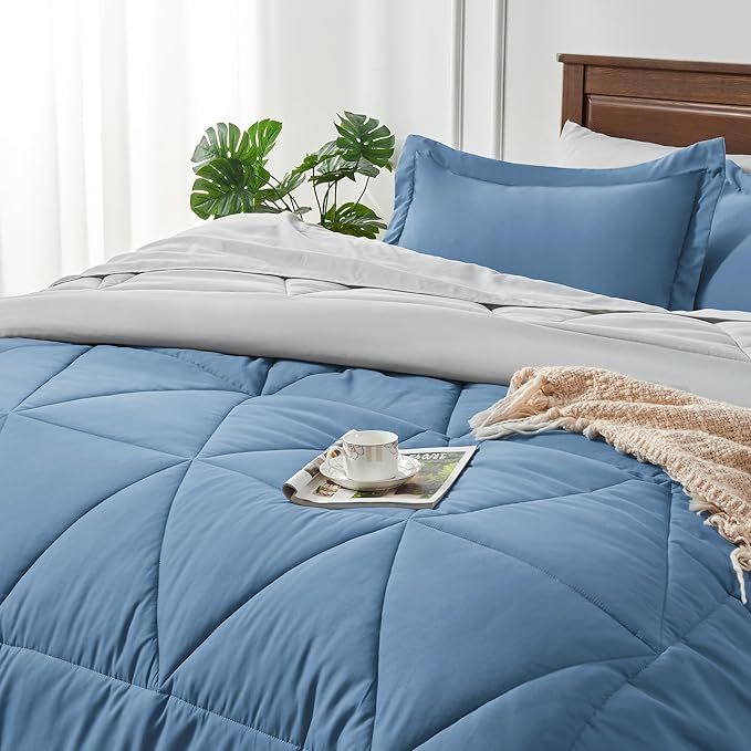 BEDELITE Queen Comforter Set 7 Pieces Bed in A Bag - Soft Microfiber Reversible Blue Bed Set with Comforters, Sheets, Pillowcases & Shams, Cozy Luxury Bedding Sets for All Season