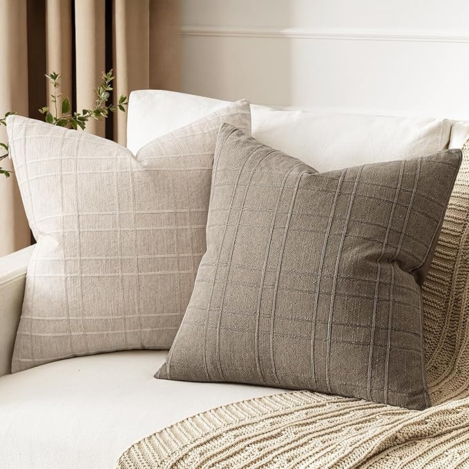 MIULEE Decorative Linen Check Euro Shams Throw Pillow Covers Neutral Farmhouse Vintage Pillow Covers 28x28 Set of 2 Boho Modern Winter Home Decor for Sofa Couch Bedroom Cushion Tan Taupe