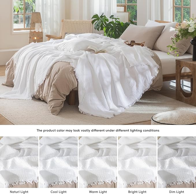 MooMee Muslin Blanket - 100% Cotton 4-Layer Gauze Throw Blanket with All-Around Fringe, Ultra-Soft Breathable Lightweight Cooling Decorative for Bed, Sofa & Couch (Bright White,King 104" x 90")