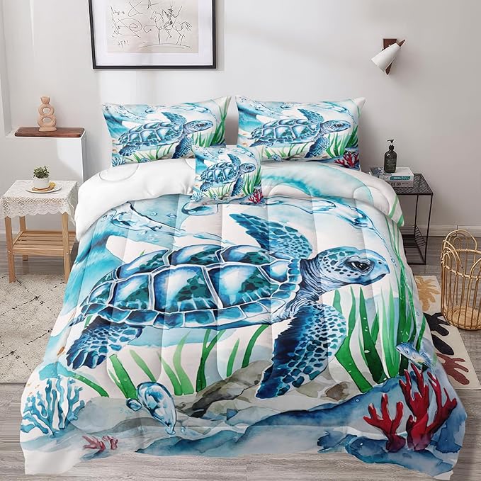 Bedbay Turtle Comforter Set King Size Ocean Theme Bedding for Boys Teen Girls Sea Turtle Coral Coastal Bedding Set Soft Cozy Lightweight Quilt 4-Piece 1 Comforter 2 Pillowcases 1 Cushion Cover