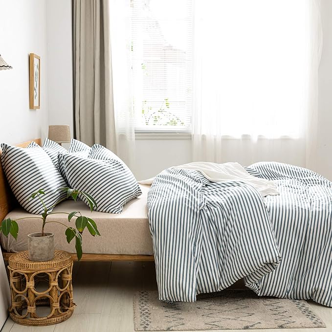 JELLYMONI 100% Natural Cotton 3pcs Striped Duvet Cover Sets,White Duvet Cover with Grayish Blue Stripes Pattern Printed Comforter Cover,with Zipper Closure & Corner Ties(Full Size)