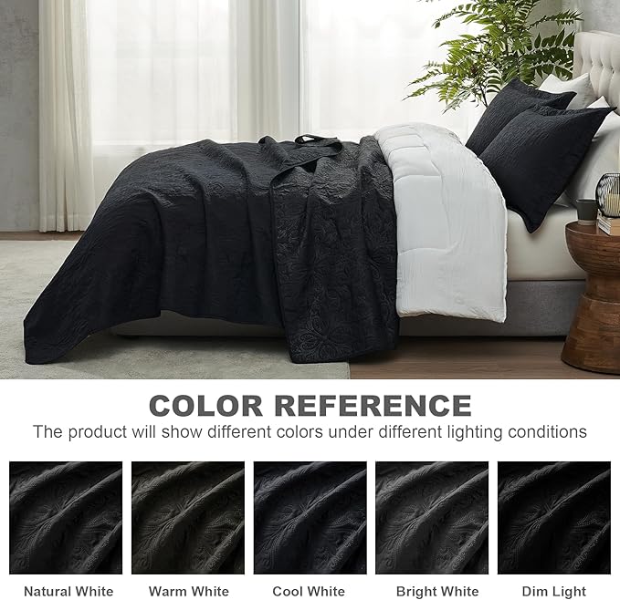 Hansleep Black Quilt King Size - Baroque Ultrasonic All Season Bedspread King, Soft Lightweight Coverlet Bedding Set, 3 Pieces (1 Quilt, 2 Pillow Shams)