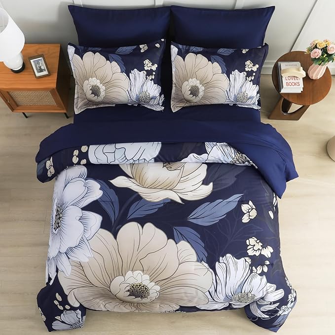 Xruibed Navy Blue Floral Comforter Set Queen Size 7 Pieces Bed in a Bag Navy Floral Comforter Flower Bedding Sets Lightweight Boho Bed Set with Sheet,Pillowcases&Shams for All Season