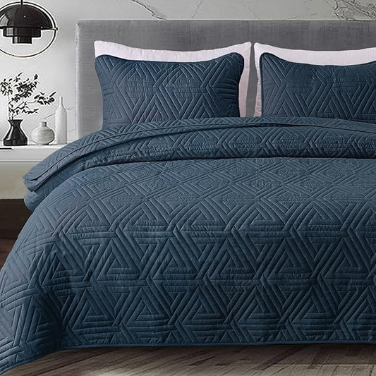 Whale Flotilla Soft Twin Size Quilt Set for All Seasons, 2-Piece Ultrasonic Geometric Quilts Bedding Set, Lightweight Reversible Bedspread, Coverlet, Bed Cover with Pillow Sham, Navy