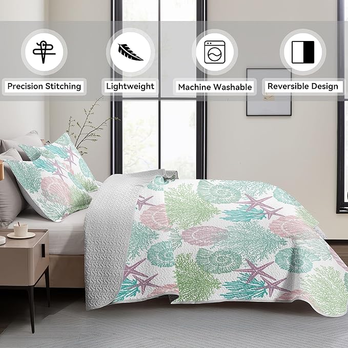 Tritard 3 Piece Coastal Quilt Sets King Size - Reversible Microfiber Quilts with 2 Shams Soft Lightweight Beach Bedding Nautical Bedspread Coverlet Summer Comforter Set for All Season, 106''x96'', C5
