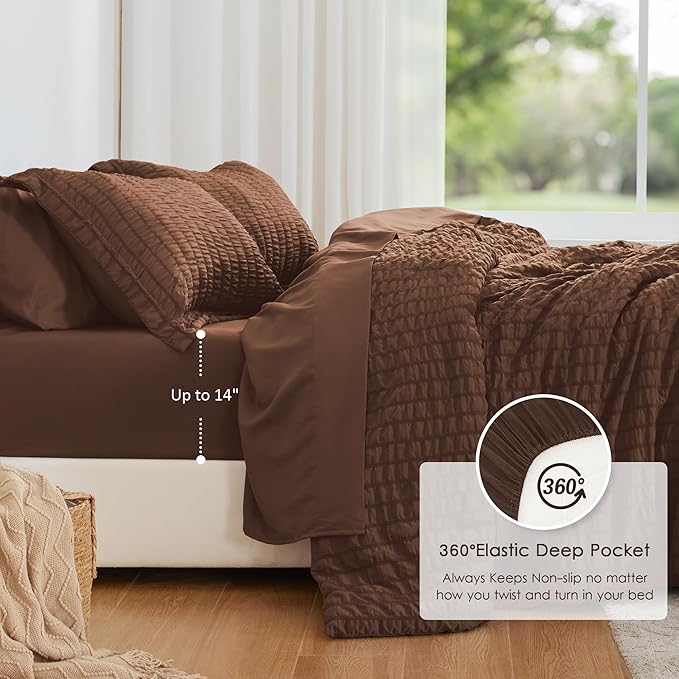 Love's cabin Seersucker Brown Twin Comforter Set, 5-Piece All Season Lightweight Bed in a Bag Bedding Set with Comforter, Flat Sheet, Fitted Sheet, Pillowcase and Sham | Soft, Breathable, Lightweight
