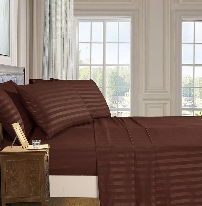 Elegant Comfort Softest and Coziest 4-Piece Sheet Set - 1500 Premium Hotel Quality Microfiber - Luxurious Wrinkle Resistant 4-Piece Damask Stripe Bed Sheet Set, Twin XL, Chocolate Brown