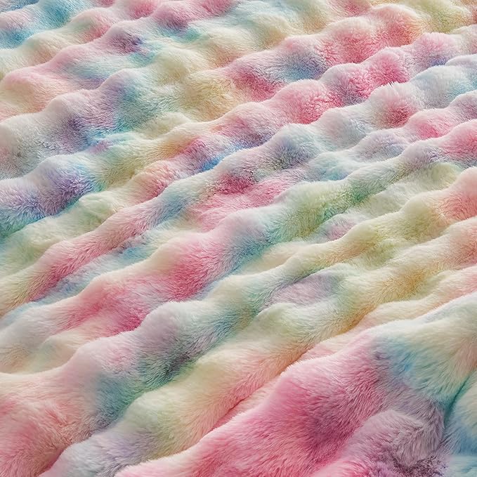 EMME Faux Fur Duvet Cover Queen Size, 3 Pieces Ultra Soft Fluffy Comforter Cover, Cozy Warm for Winter, Luxury Elegant Shaggy Bubble Design Bedding, 1 Duvet Cover & 2 Pillow Shams (Queen, Rainbow)
