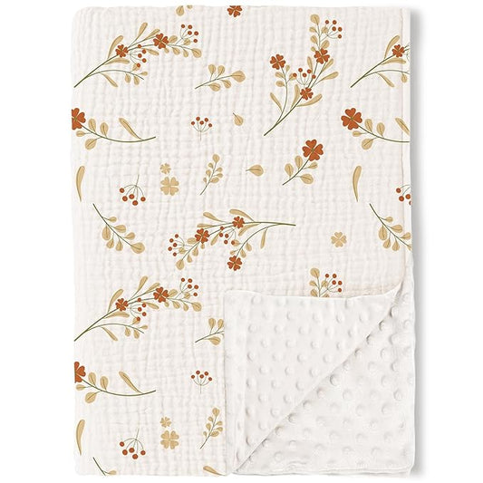 Konssy Baby Blankets for Unisex Boys Girls, Super Soft Nursery Minky Blankets with Muslin Cotton Front and Dotted Fleece Backing, Printed Bed Throws Newborn