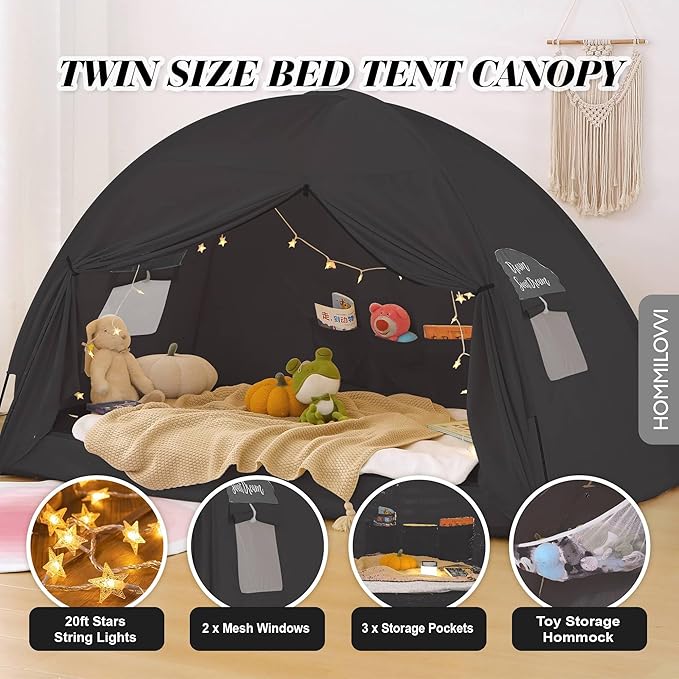 Twin Bed Tent for Boys, Indoor Blackout Sleeping Tent with Dreamy Canopy, Breathable Privacy Bunk Beds, Ideal for Drafty Rooms or Cottage-Style Spaces, Black