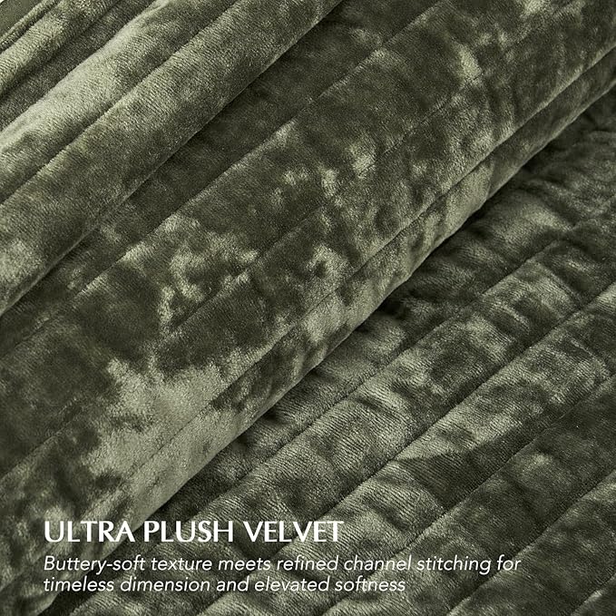 EVERGRACE Velvet Quilt Set King Size, Luxurious Soft Striped Channel Bedding Set, Lightweight Velvet Comforter for All Season, Oversized Bedspread Coverlet with 2 Matching Shams, Olive Green