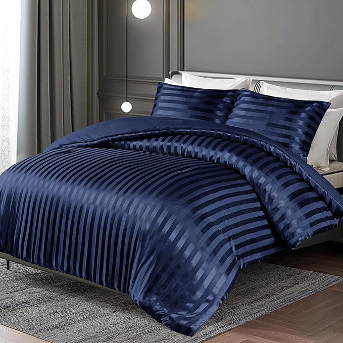 Whale Flotilla 3-Piece Reversible Silky Soft Queen Comforter Set, Luxury Stripe Satin Comforters Full Size Bedding Set with 2 Satin Pillowcases, Lightweight Duvet for All Seasons, Navy