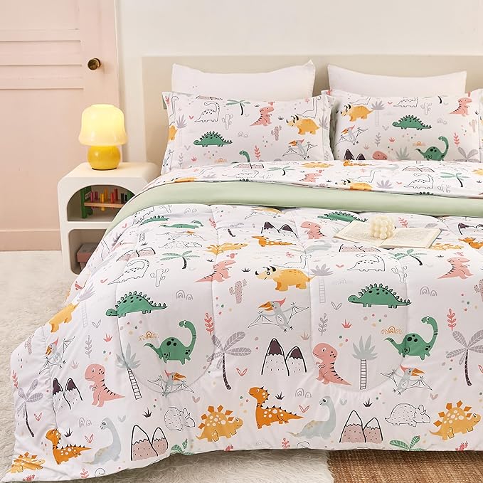 Yibeizi Dinosaur Kids Comforter Set for Boys Full Size, Cute Quilted Dino Printed Bedding Set with Pillow Sham, Lightweight Soft Breathable Machine Washable Bed Set 3 Piece