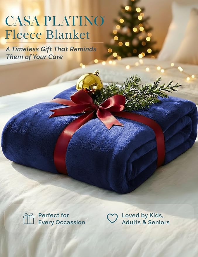 Casa Platino Fleece Blanket Queen Size – 300 GSM Navy Blue Fleece Throw for Bed or Couch – Soft Cozy Warm Holiday Bed Blanket for Winter, Fuzzy Plush Elegant Gifts for Men & Women - 90x90 Inch