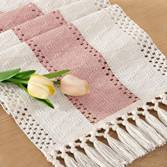 Socomi Boho Table Runner Macrame Valentine's Day Farmhouse Woven Cotton Linen Rustic Coffee Table Runner with Tassels for Dresser Scarf Home Decor Dining Room 12x90 inPink Ivory