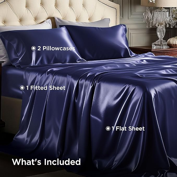Bedsure Satin Sheets Full Size - 4 Piece Silky Bedsheets with 15 Inches Deep Pocket Fitted Bedsheet,1 Flat Sheet, 2 Satin Pillowcases, Good for Hair & Skin (Full, Navy)