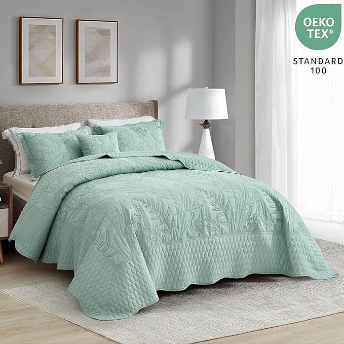 Botanical Oversized Bedspread King Size - Leaves Pattern Stitching Quilt Set - Elegant & Fresh Style Bedding Coverlets, Reversible, Lightweight, 5 Piece, Seaglass