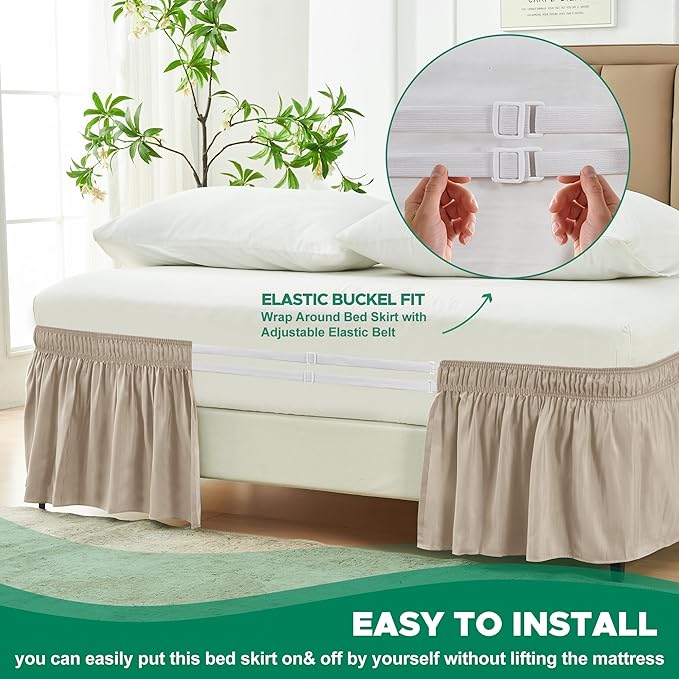 Biscaynebay Wrap Around Bed Skirts for King & Cal King Beds 17" Long Drop, Light Camel Adjustable Elastic Dust Ruffles Easy Fit Wrinkle & Fade Resistant Silky Luxurious Fabric Solid Machine Washable