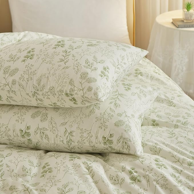 HighBuy 3 Pieces Duvet Cover King Size White Duvet Cover with Green Floral Print,Coquette Soft Cotton Comforter Cover Boho Style,Aesthetic King Bedding Set with Zipper Closure 4 Ties