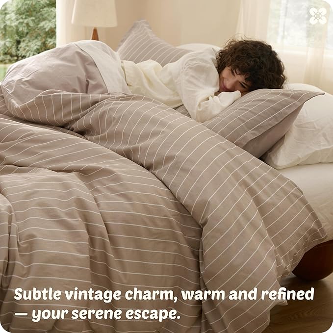 Bedsure Striped Duvet Cover Queen Size,100% Washed Cotton Duvet Cover Linen Like Textured, Classic Striped Pattern Enhances Bedroom Comfort and Style, Stripes Tan/White, 90"x90"