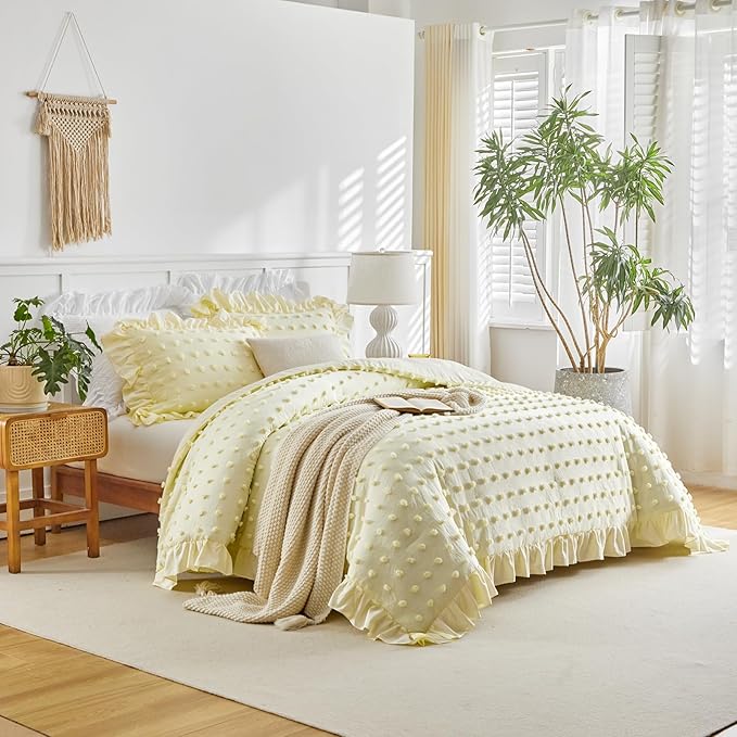 Tufted Dots Ruffle Comforter Set Full/Queen Size, 3 Pieces Yellow Vintage Farmhouse Shabby Chic Comforters, Jacquard Boho Bohemian Bedding Set for All Season (1 Ruffled Comforter+ 2 Pillow Shams)