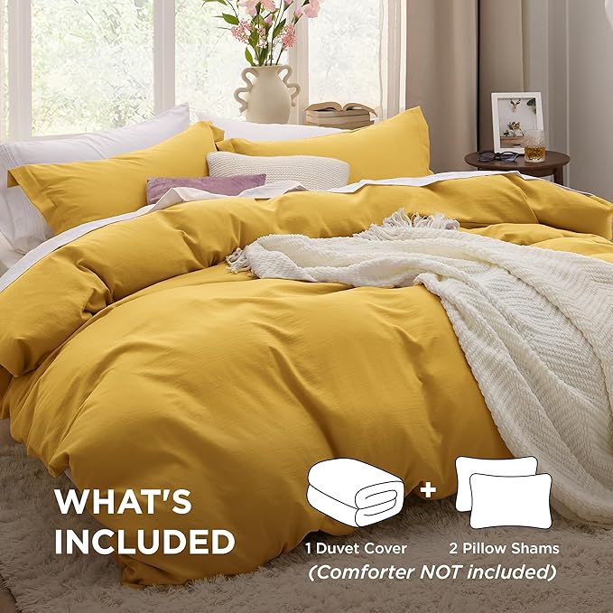 Bedsure Mustard Yellow Duvet Cover Full Size - 3 Pieces Prewashed Extra Soft Cotton-Like Polyester Bedding Set, Includes 1 Duvet Cover 80x90 Inches with Zipper Closure & 2 Pillow Shams, No Comforter