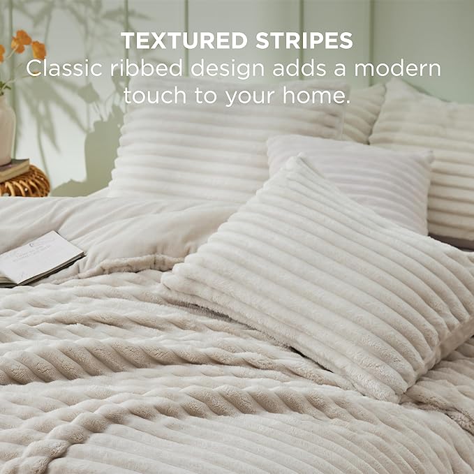 Bedsure Twin/Twin XL Comforter Set - GentleSoft™ 2 Pieces Fluffy Double-Side Fleece Comforter Set, Cozy Striped Room Decor Aesthetic, Luxury Linen Twin Bedding with 1 Pillowcase, 68x88 Inches