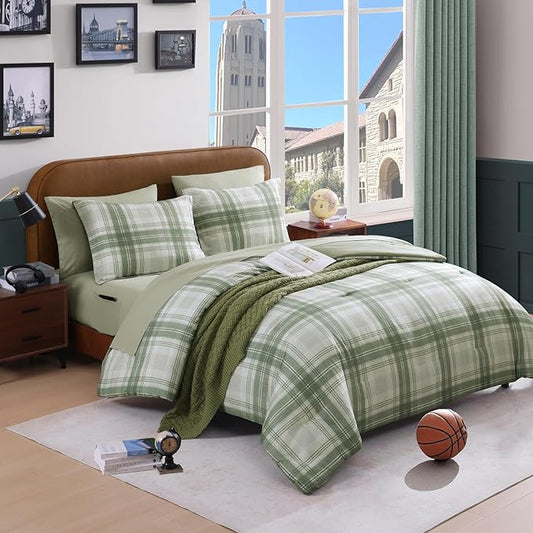 Full Size Comforter Sets, Green Plaid Bedding Set 7 Piece for Boys Girls Teen, Classic Homestead-Style Kids Comforter Set Bed in A Bag with Sheets, Pillowcases & Shams