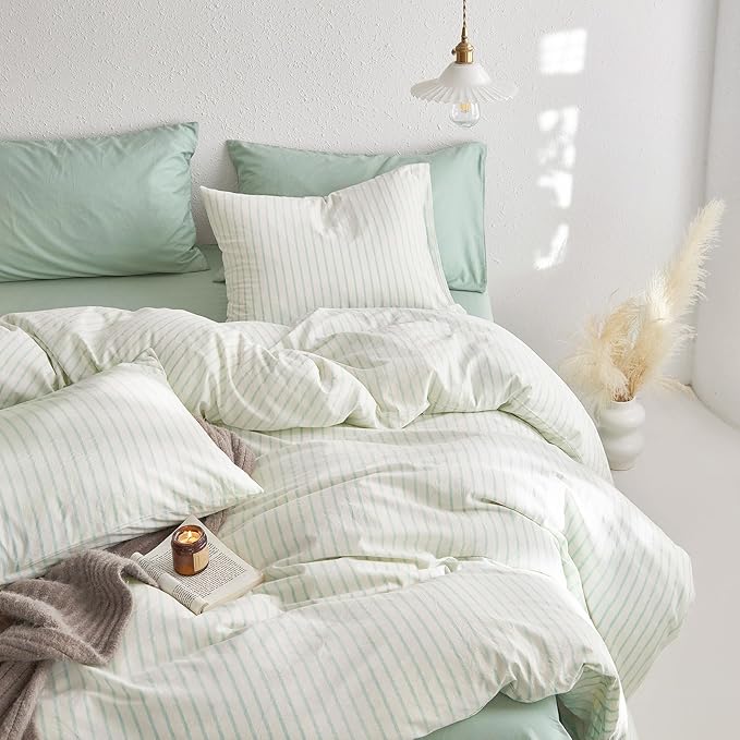 Wake In Cloud - Striped Cotton Duvet Cover Set, Ticking Stripe Vertical Pinstripe Farmhouse, 100% Washed Cotton Textured Percale Bedding Set, 3 Pieces, Aqua White, Full Size
