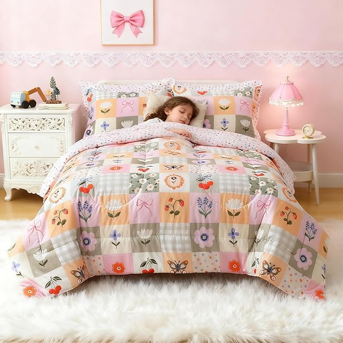 Mooreeke Kids Twin Comforter Sets for Girls 6 Pieces Floral Butterfly Bedding Set for Teens Microfiber Splice Block Flower Kids Bed in A Bag with Comforter, Sheet Set, Shams and Decorative Toy Pillow