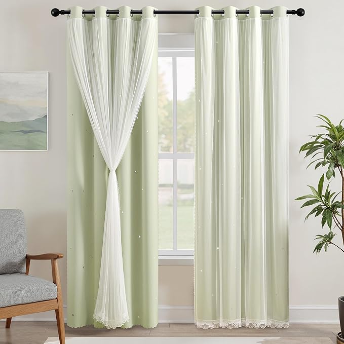 XiDi Sage Green Blackout Curtains for Kids Bedroom 72 Inch Length 2 Panels Double Layer Curtains with Sheer Overlay Privacy Thermal Insulated Grommet Window Star Curtains for Living Room W34 x L72