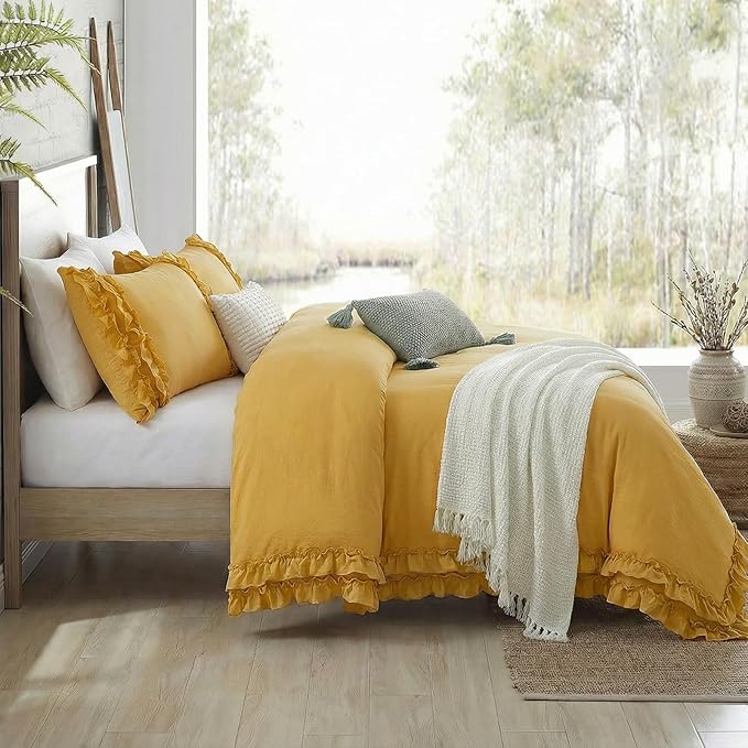 Bedorm Ginger Yellow Bedding Set King Ruffle Duvet Cover Super Soft Cozy Washed Microfiber Bedding Shabby Chic Coquette Decor Farmhouse Boho Duvet Cover Set