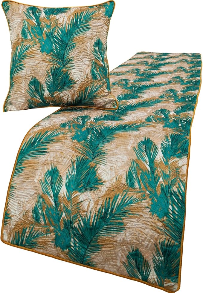The HomeCentric King/Queen/Twin Green Decorative King 90"x18" Bed Runner Without Pillow Cover, Plam Leaves & Quilted Bed Scarf on Satin Fabric - Palms