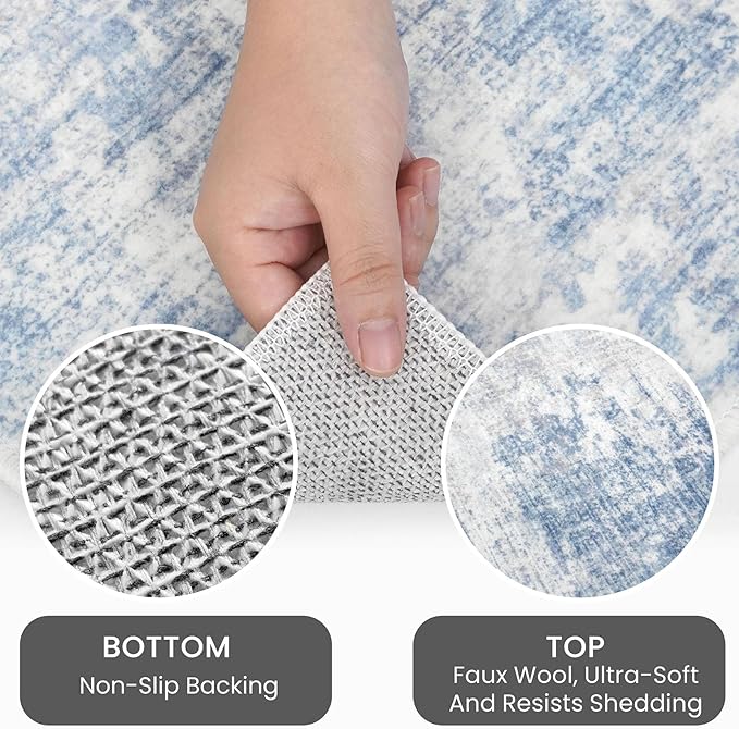 IOHOUZE Abstract Area Rugs 8x10 Ft Washable Large Rugs for Living Room, Non Slip Dining Room Rug, Printed Faux Wool Rugs for Bedroom, Floor Carpet for Office Nursery Playroom, Light Blue White
