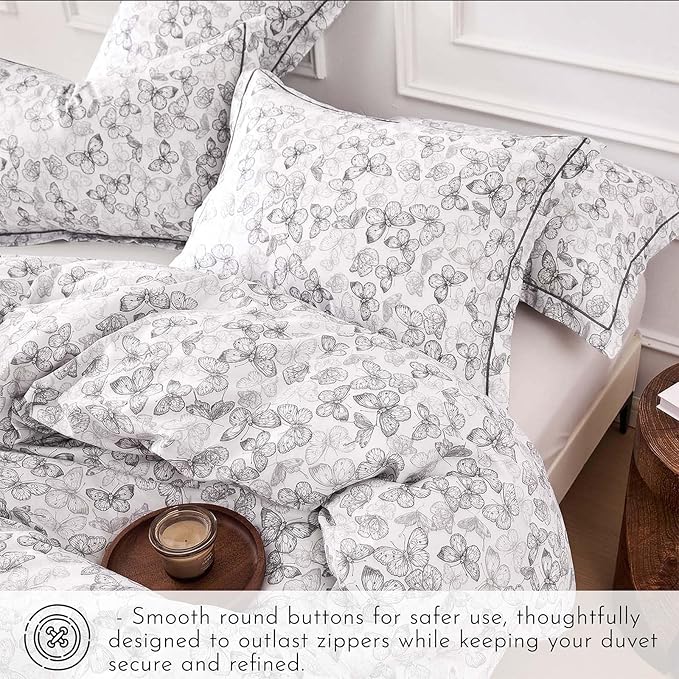 Vintage 100% Natural Cotton Duvet Cover Sets 3Pcs - Elegant Charcoal Gray Sketch Butterflies on White, Artistic Bedding Set with Button Closure(King,104"×90"