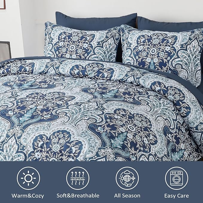 Drucon Paisley Comforter Set King Size, 7 Pieces Bed in a Bag Blue Boho Comforter, Soft Lightweight Microfiber Bedding Set (1 Comforter, 1 Flat Sheet, 1 Fitted Sheet, 2 Pillow Shams, 2 Pillowcases)