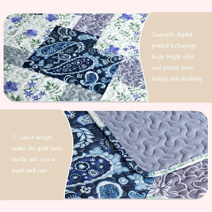 Whale Flotilla Patchwork Quilt King Size, Soft Boho Floral Bedspreads for Bed Reversible Lightweight King Quilt Bedding Set Coverlets with 2 Pillow Shams for All Seasons, Paisley Flowers