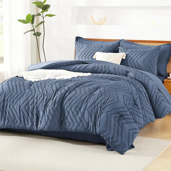 Litanika Queen Size Comforter Set with Sheets Ocean Blue - 7 Pieces Bed in a Bag Queen Chevron Tufted Complete Bedding Sets with Comforter, Sheets, Pillowcases & Shams