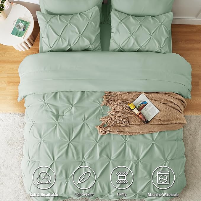 CozyLux Twin XL Comforter Set Sage Green, 5 Pieces Twin Extra Long Pintuck Bed in A Bag for College Dorm, Pinch Pleat Bedding Set with Comforter, Sheets, Pillowcase & Sham