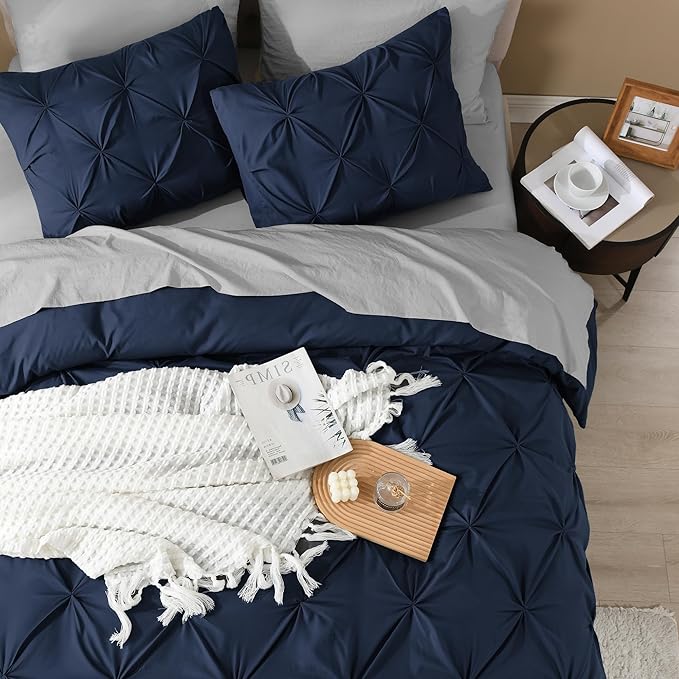 Litanika Navy Blue Pinch Pleat Duvet Cover King, 3 Pieces Pintuck Cover Soft Microfiber Bedding Set with Zipper Closure & Corner Ties(104x90Inch-1 Duvet Cover, 2 Pillowcases)