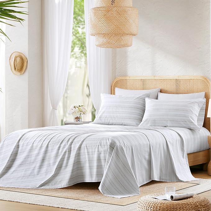 Comfort Spaces 100% Cotton Sheets Full, Breathable, Naturally Cool Cotton Sheets, Soft Cotton Bed Sheets with 14" Elastic Pocket Fits up to 16" Mattress, All Seasons Sheet Set, Good Vibes Grey 4 Piece