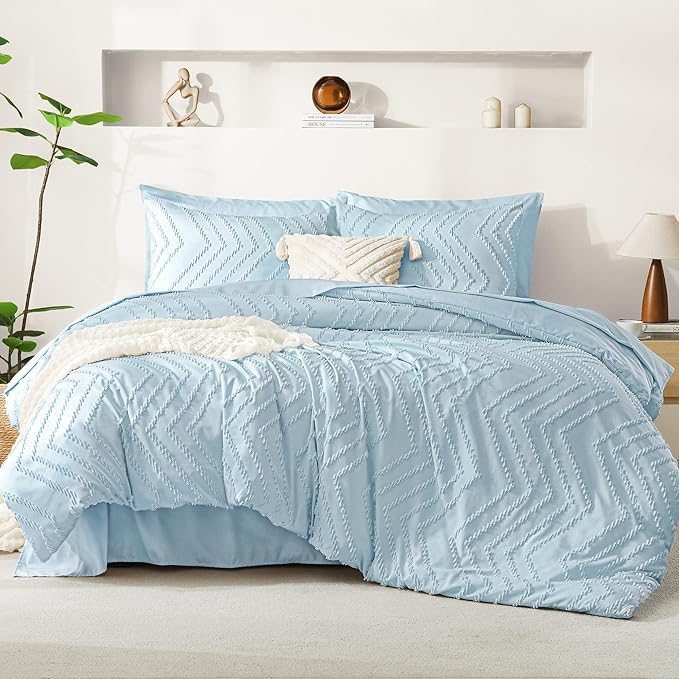 Litanika Light Blue King Size Comforter Set with Sheets - 7 Pieces Bed in a Bag King Boho Tufted Complete Bedding Sets with Comforter, Sheets, Pillowcases & Shams