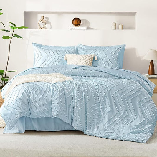 Litanika Light Blue King Size Comforter Set with Sheets - 7 Pieces Bed in a Bag King Boho Tufted Complete Bedding Sets with Comforter, Sheets, Pillowcases & Shams