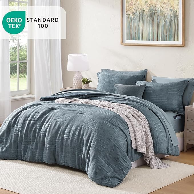 MaiRêve Queen Comforter Set Dusty Blue, Textured Design Crinkle Bedding Sets 7 Pieces, All Season Bed in A Bag with Comforter, Sheets, Pillowcases & Shams